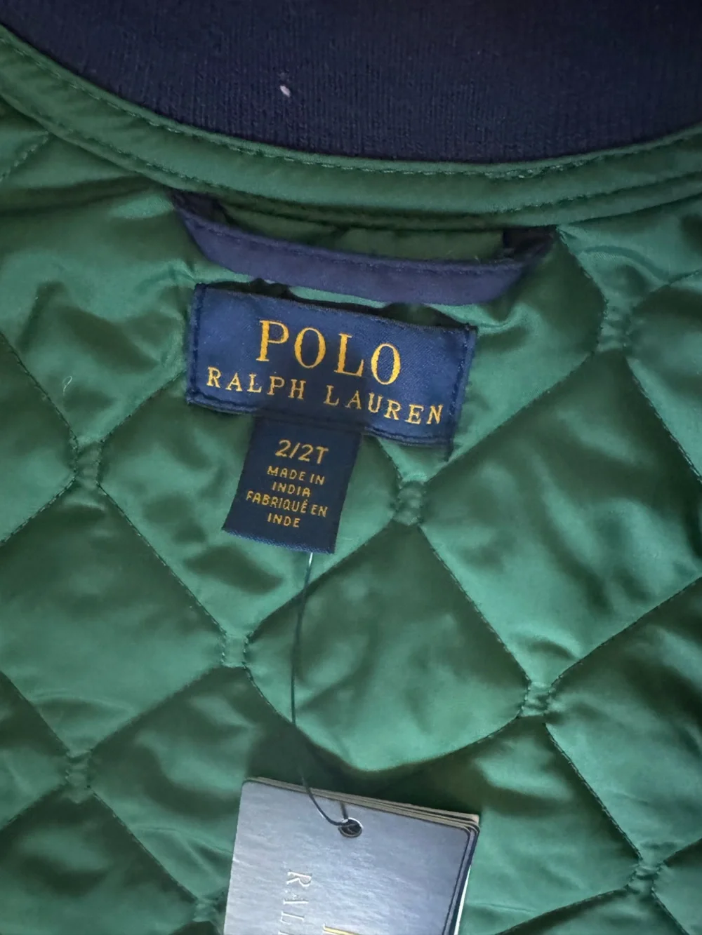 Ralph Lauren Navy Quilted Puffer Jacket with Green Trim